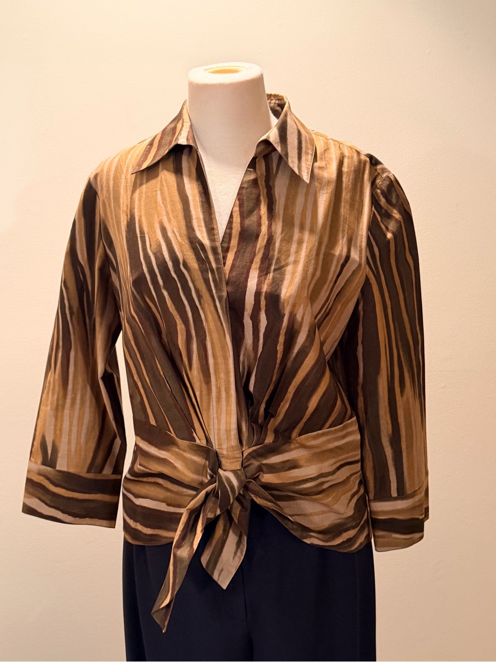 Lafayette 148 New York Brown and Tan Striped Tie-Front Blouse